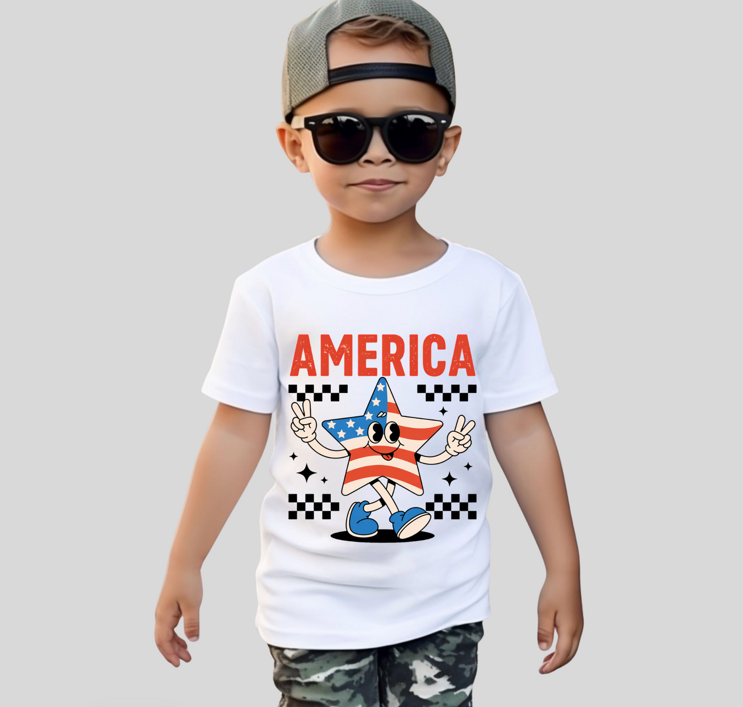 AMERICA CHECKERED PATRIOTIC STAR KIDS T-SHIRT