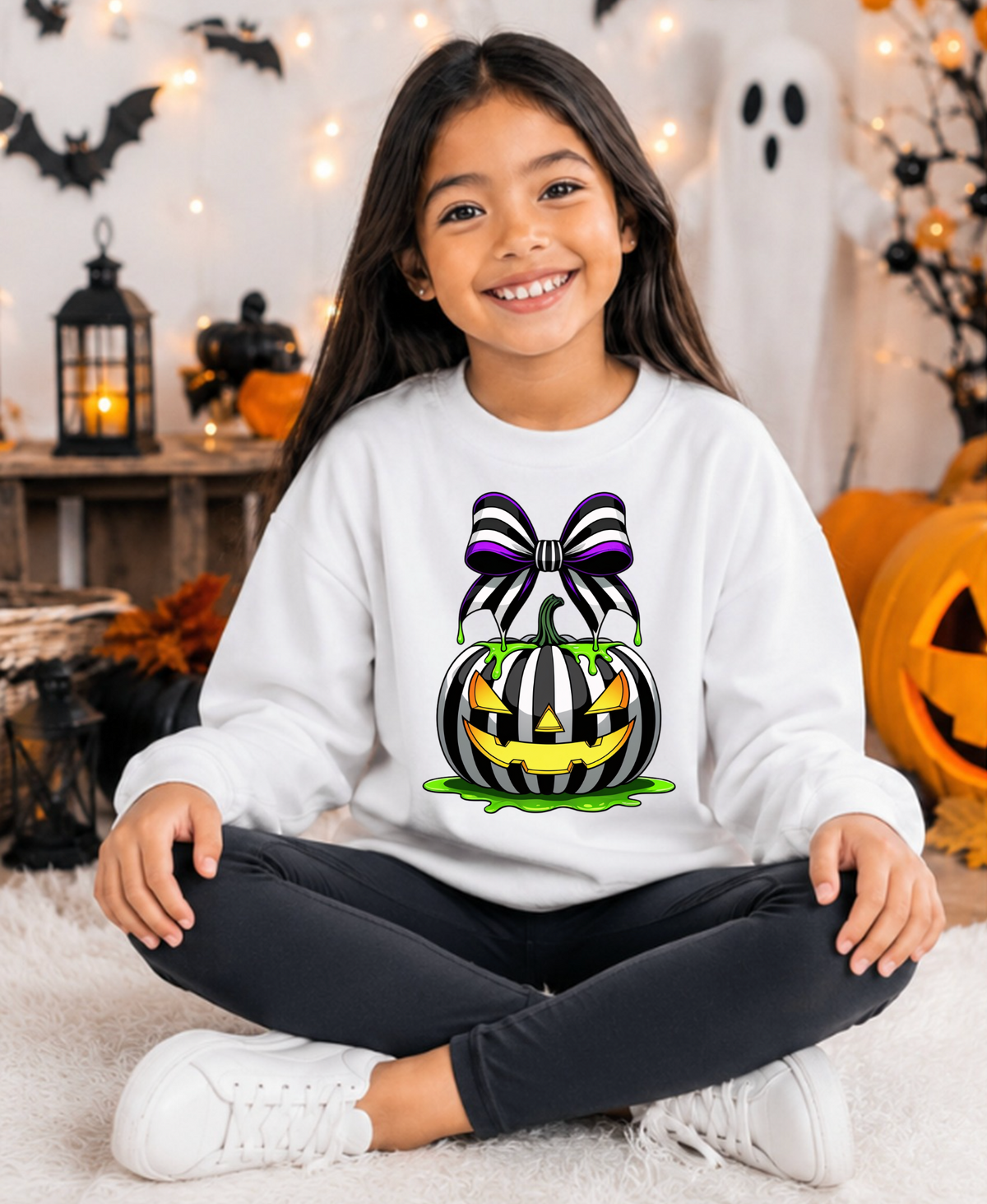 GOTHIC HALLOWEEN STRIPED BOW PUMPKIN WITH SLIME SWEATSHIRT