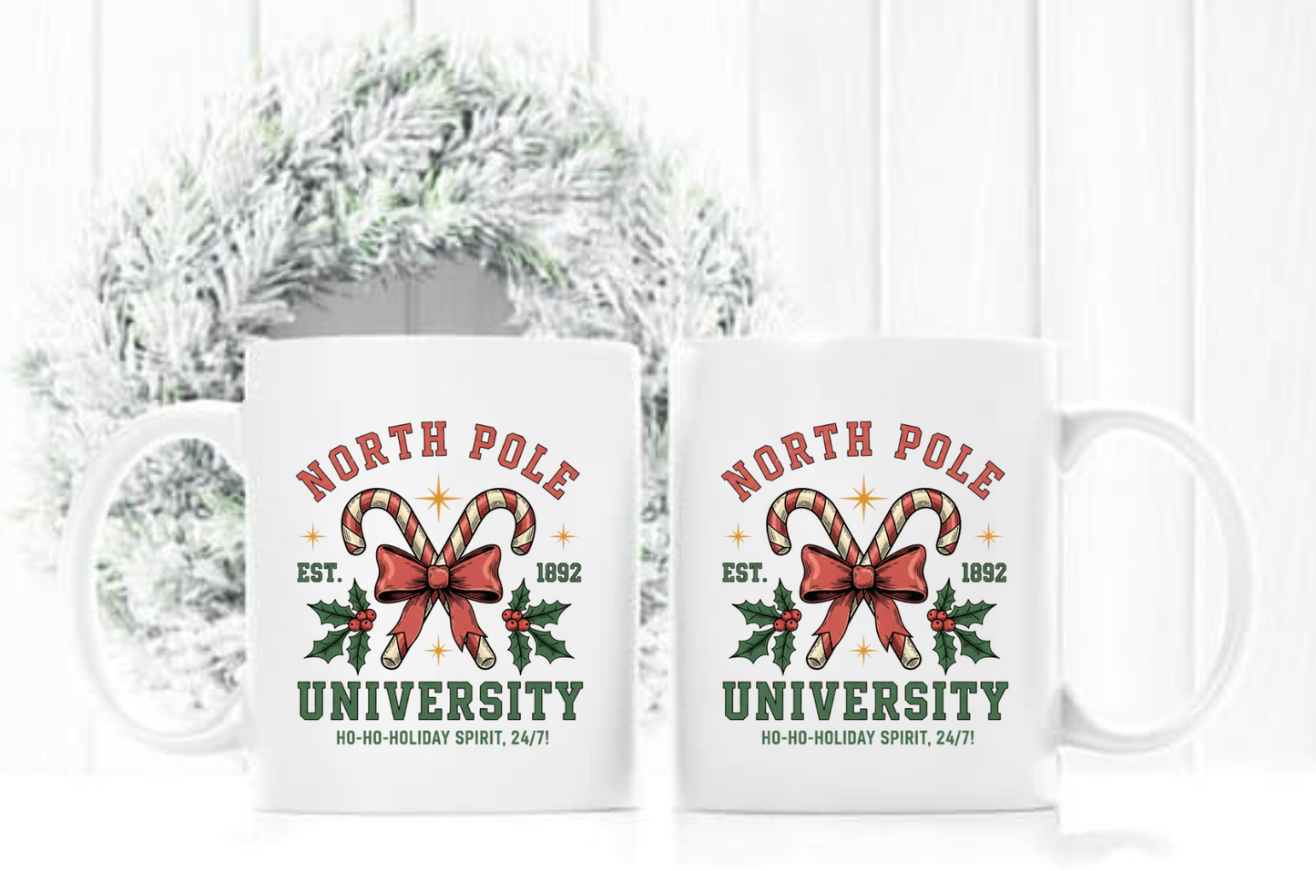 NORTH POLE UNIVERSITY CANDY CANE CHRISTMAS MUG