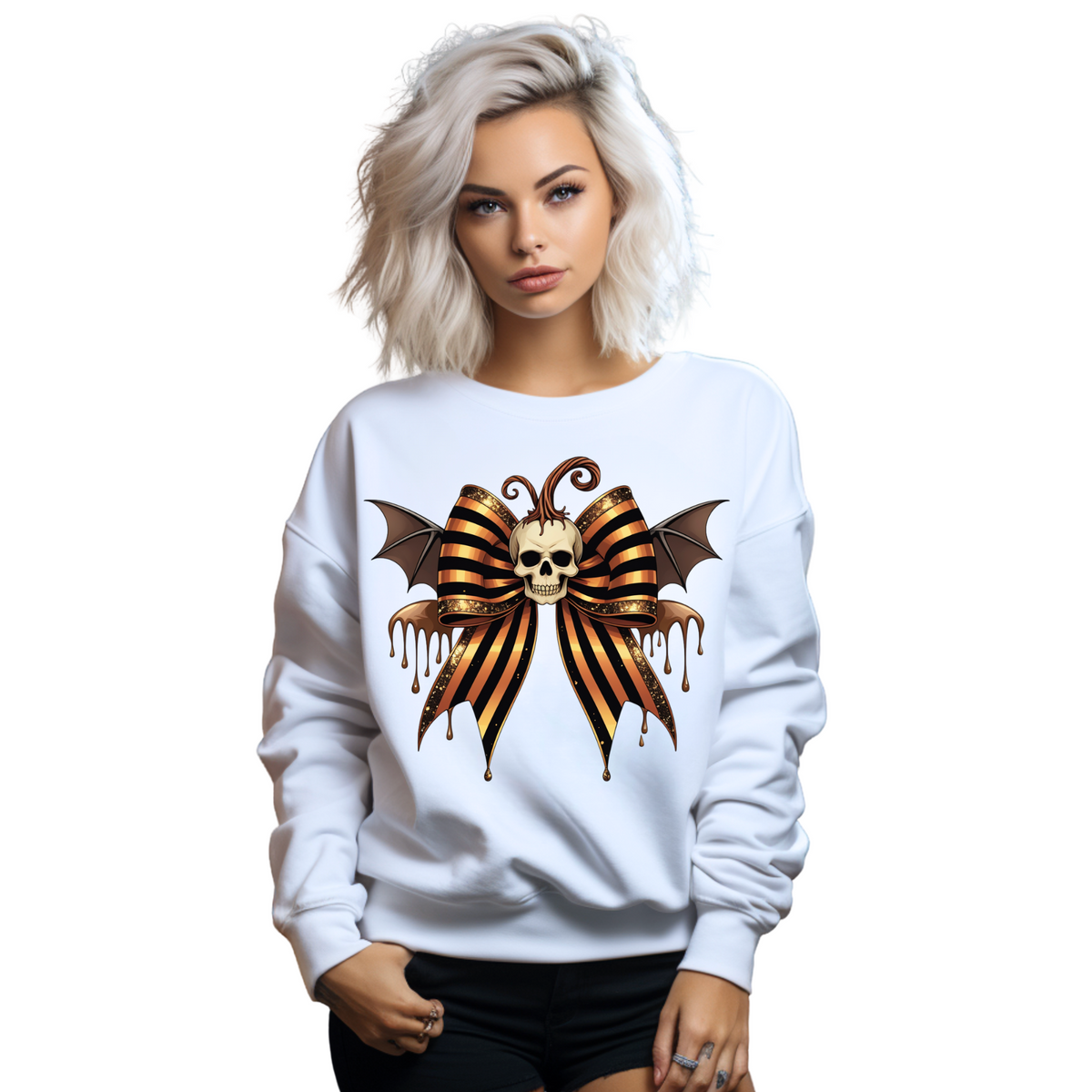 FUN GOTHIC STRIPED SKELETON HALLOWEEN BOW SWEATSHIRT