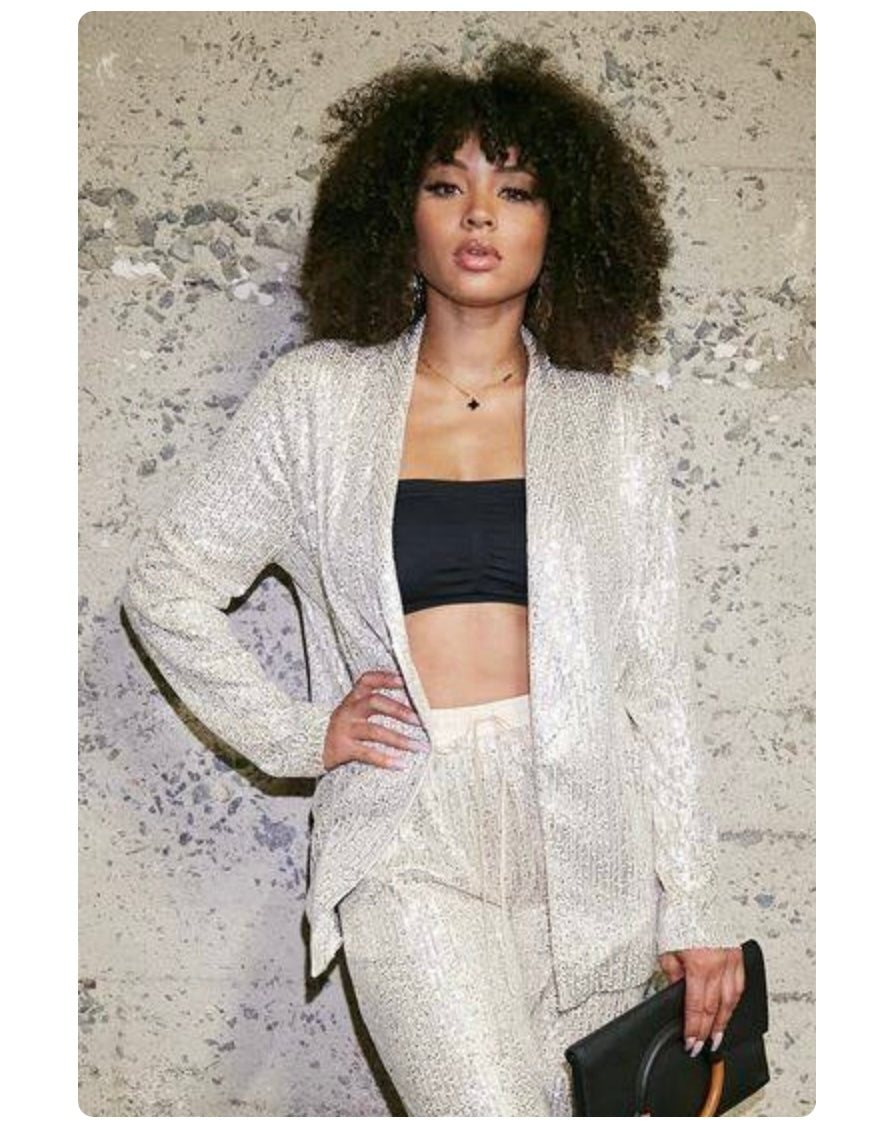 SEQUIN SHAWL COLLAR LONG SLEEVE POCKET BLAZER