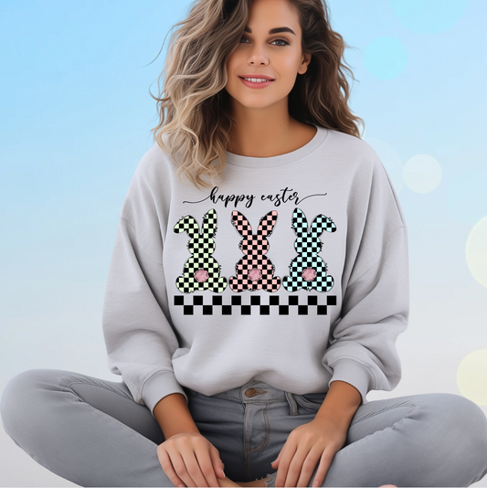 CHECKERED BUNNY HAPPY EASTER SWEATSHIRT
