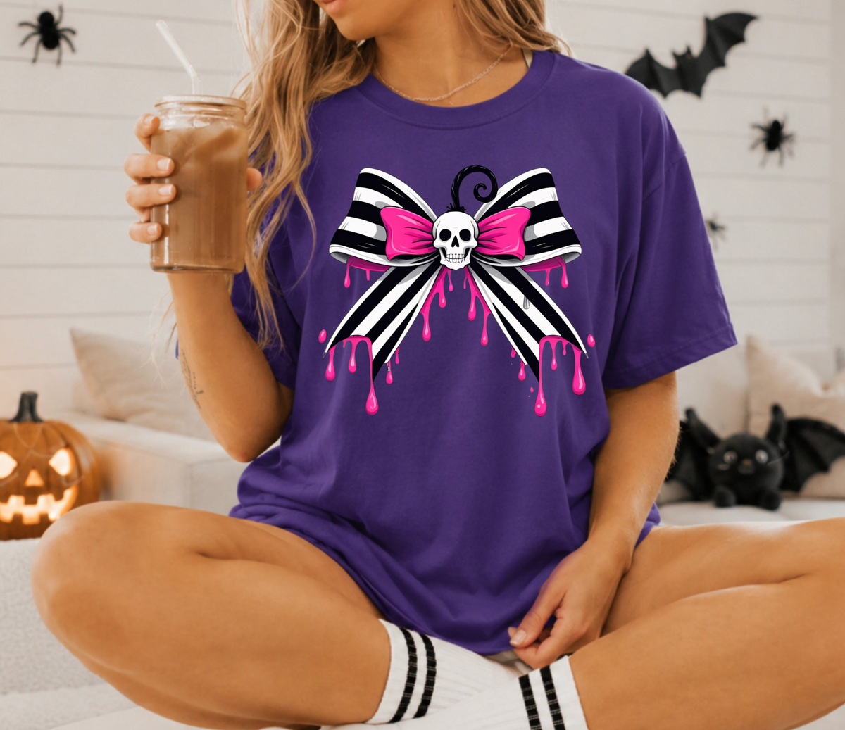 GOTHIC PINK HALLOWEEN SKELETON BOW T-SHIRT