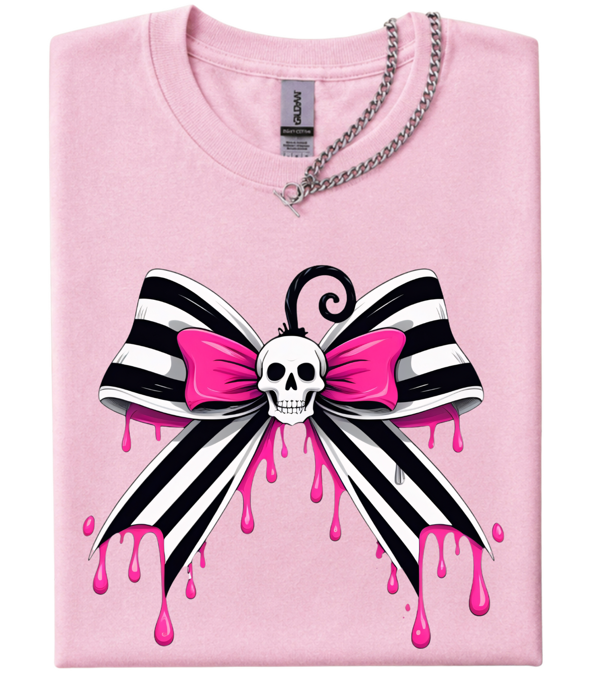 GOTHIC PINK HALLOWEEN SKELETON BOW T-SHIRT