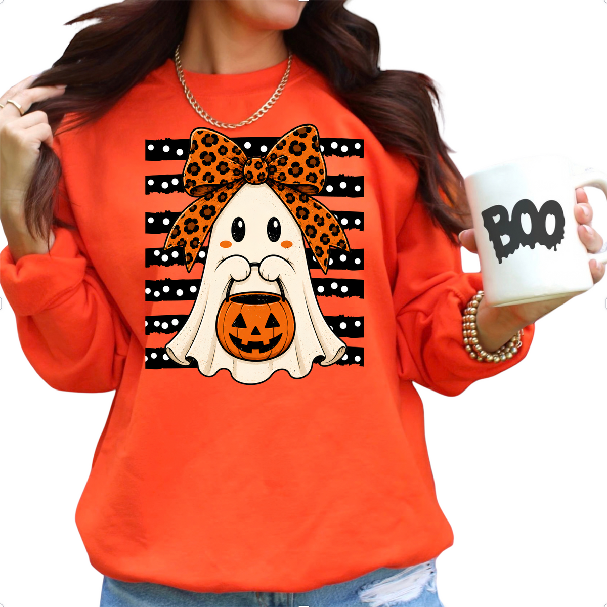 HALLOWEEN GHOST STRIPE POLKA DOT SWEATSHIRT