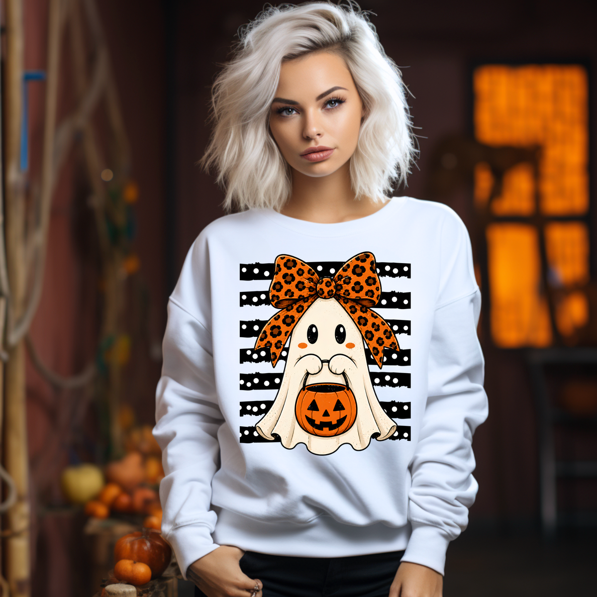HALLOWEEN GHOST STRIPE POLKA DOT SWEATSHIRT