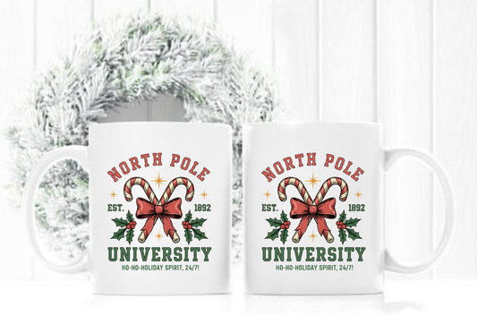 NORTH POLE UNIVERSITY CANDY CANE CHRISTMAS MUG