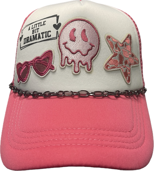 A LITTLE DRAMATIC SMILEY FACE PATCH TRUCKER HAT w/HAT CHARM