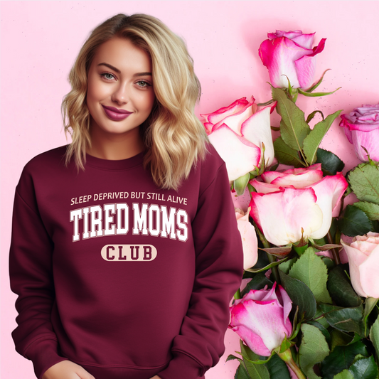 TIRED MOMS CLUB VARSITY SWEATSHIRT