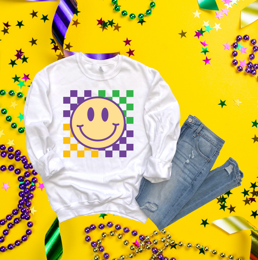 RETRO CHECKERED MARDI GRAS SMILEY FACE