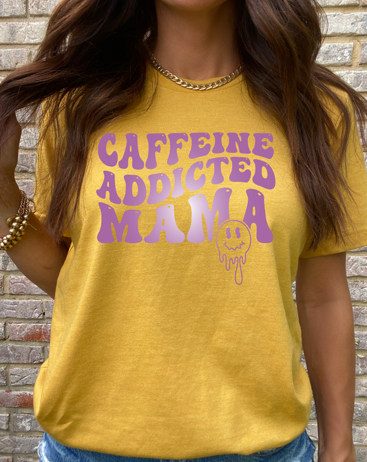 CAFFEINE ADDICTED MAMA RETRO SMILEY T- SHIRT