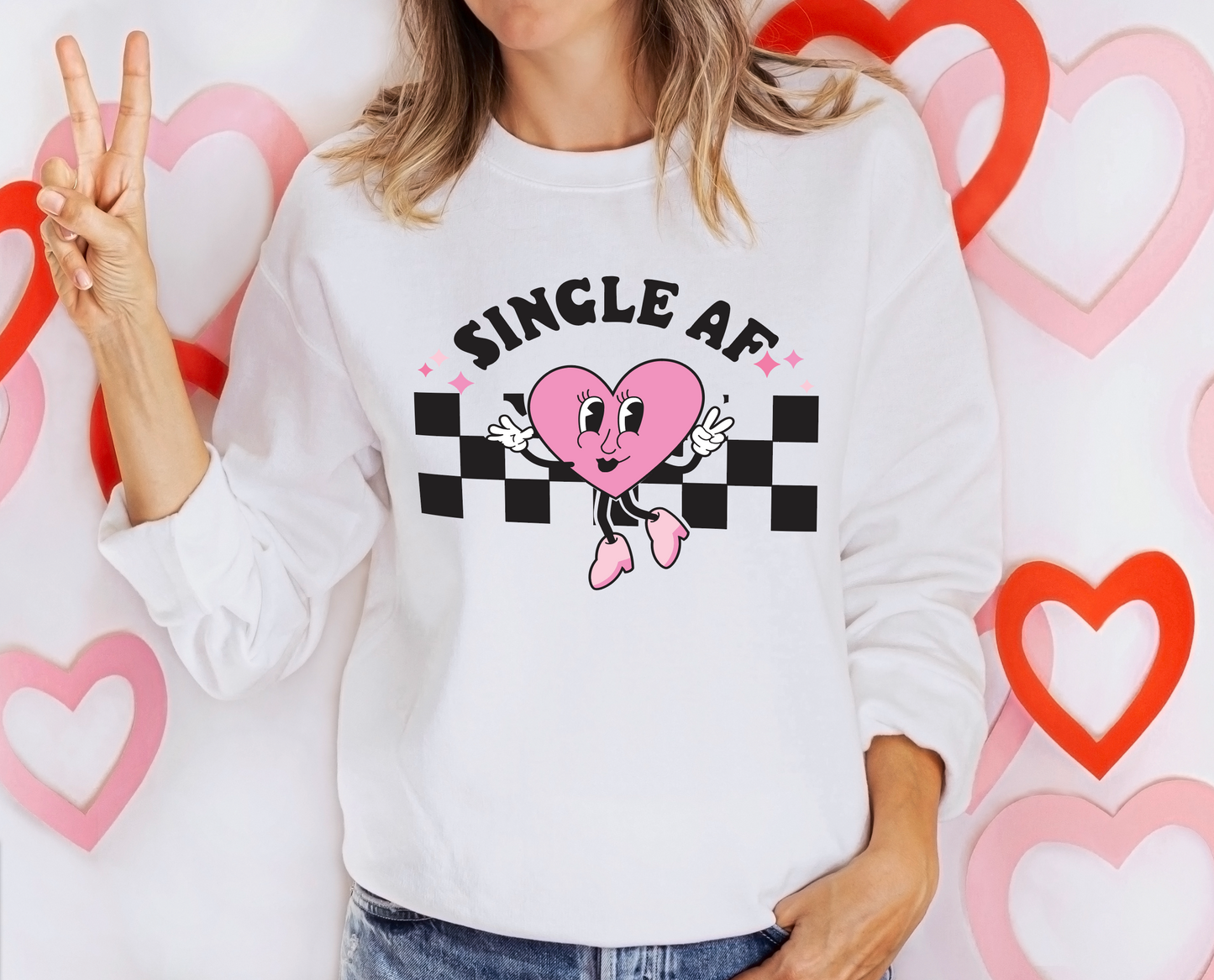 SINGLE AF CHECKERED PINK HEART SWEATSHIRT