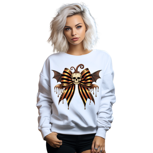 FUN GOTHIC STRIPED SKELETON HALLOWEEN BOW SWEATSHIRT