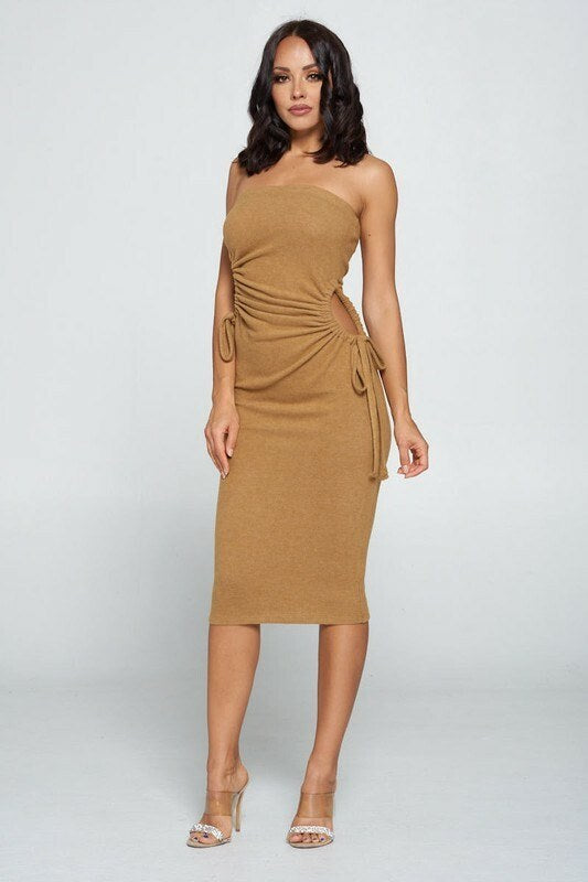 STRAPLESS SIDE CUTOUT BODYCON DRESS