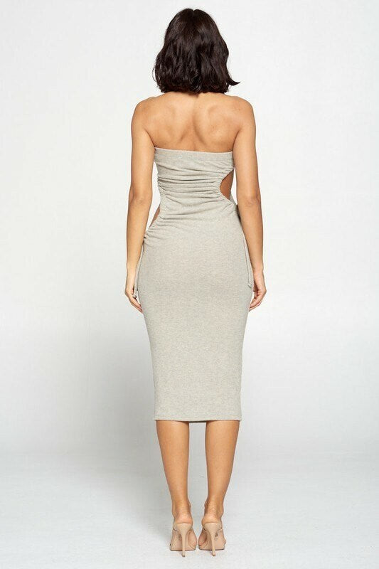 STRAPLESS SIDE CUTOUT BODYCON DRESS