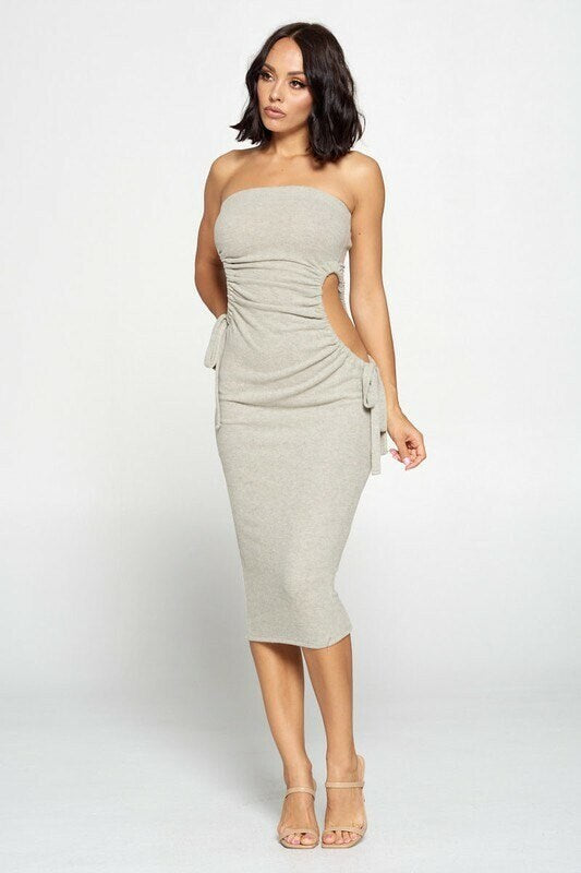 STRAPLESS SIDE CUTOUT BODYCON DRESS