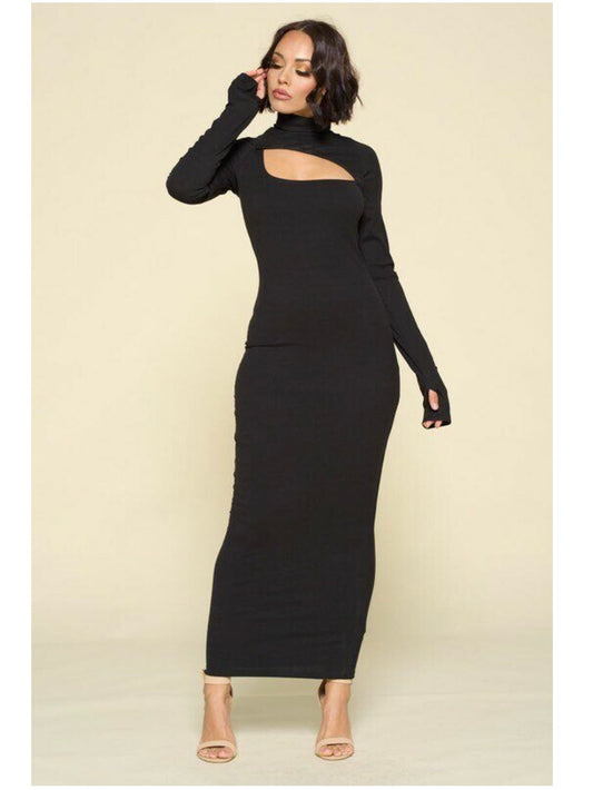 TURTLENECK CUTOUT FRONT MAXI DRESS