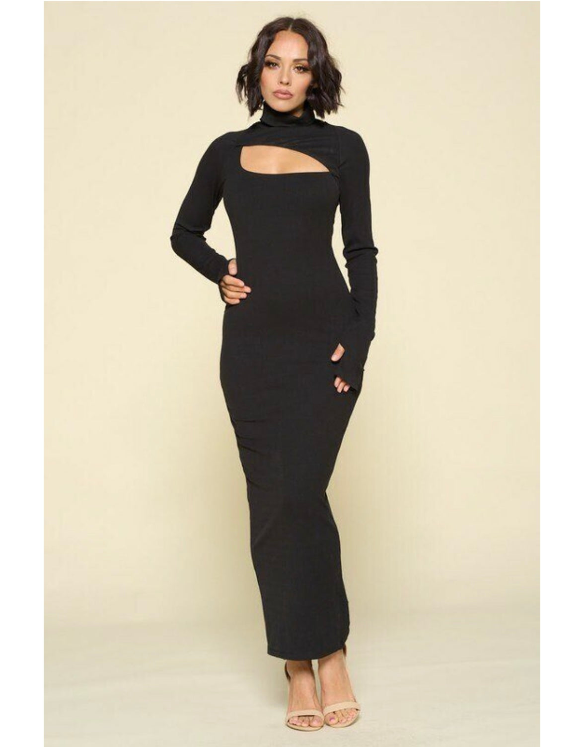 TURTLENECK CUTOUT FRONT MAXI DRESS