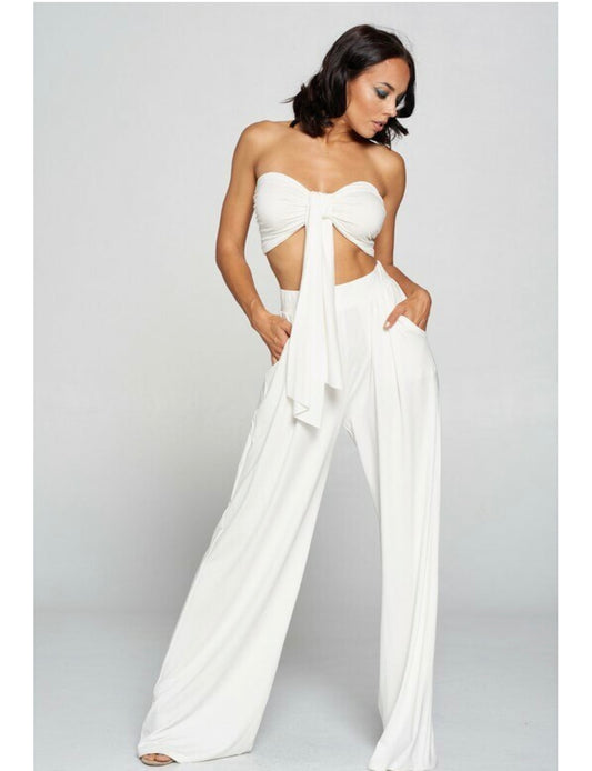 SEXY TIE FRONT TUBE TOP & WIDE LEG PALAZZO BEACH PANT SET